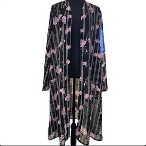Jorja Black Floral Sheer Open Front Lightweight Duster Size Large